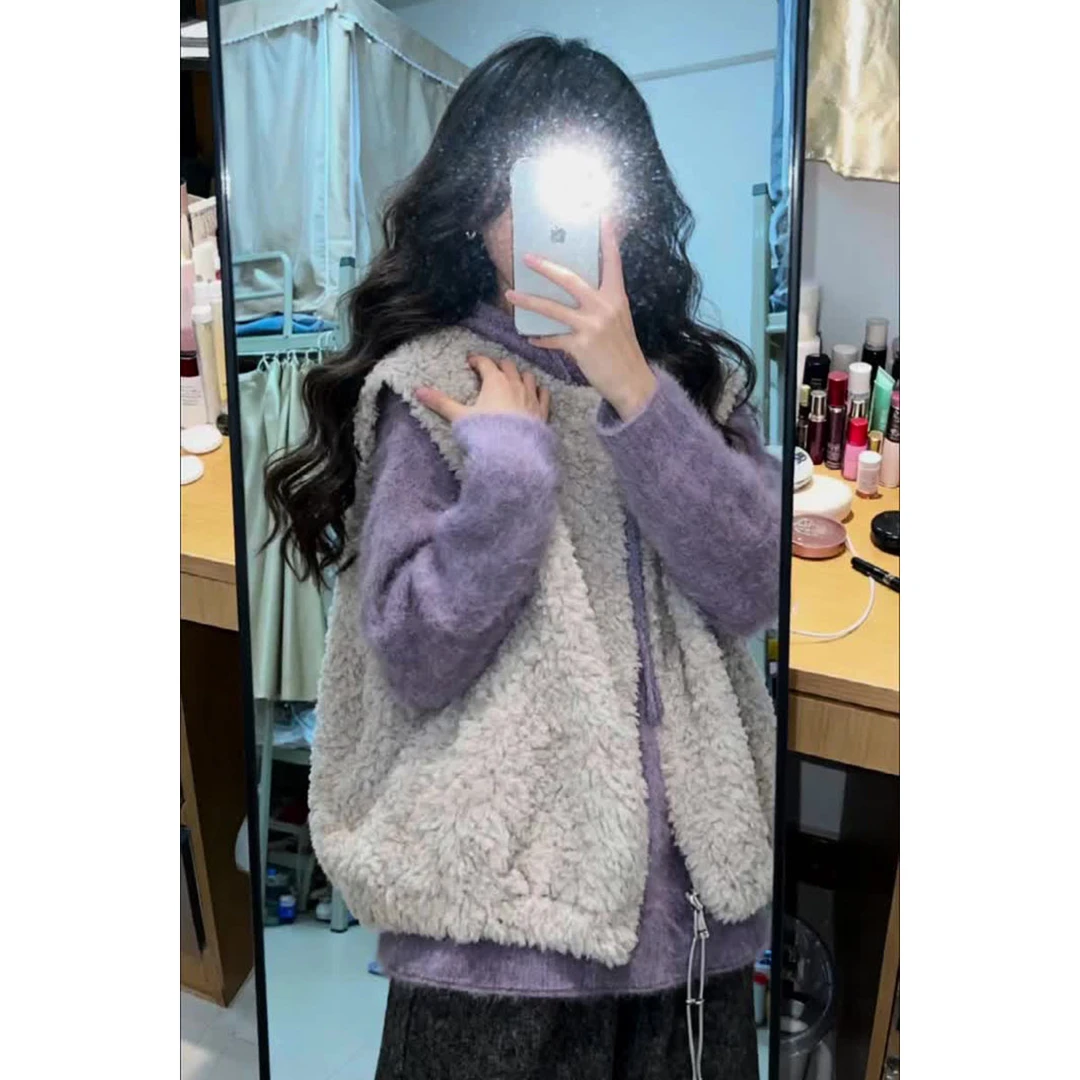 慵懒风软糯紫色连帽针织上衣马甲外套女秋冬新款休闲马夹短裤套装