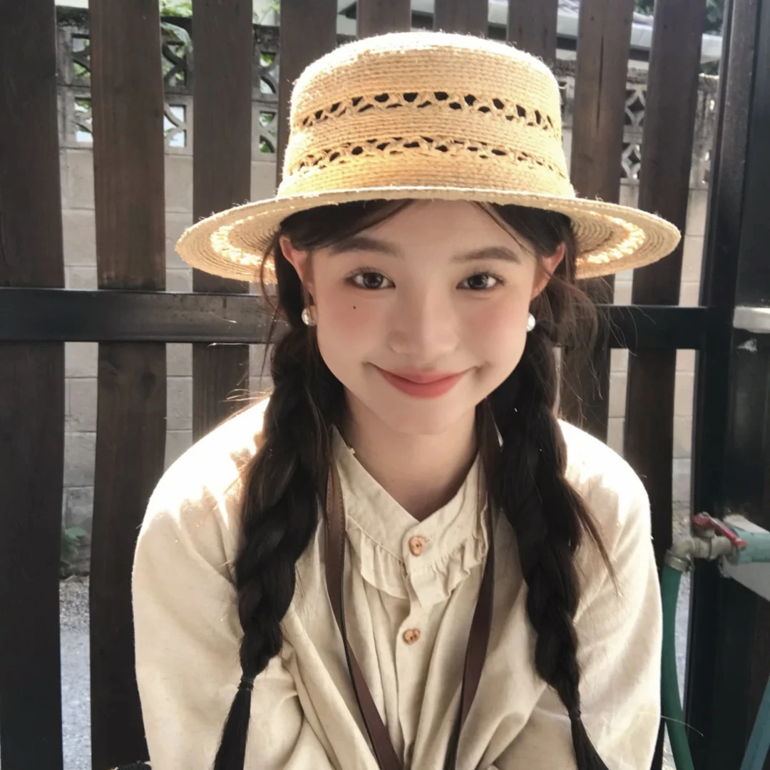 2025新款拉菲草手工编织镂空平顶草帽子女夏季出游度假遮阳防晒帽