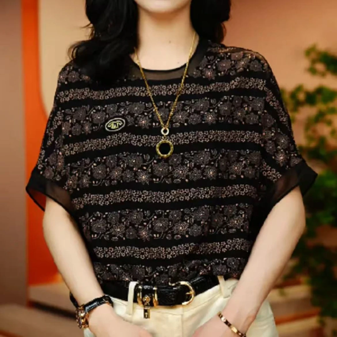 春夏新款衬衫洋气时尚印花减龄百搭显瘦小衫优雅气质圆领短袖