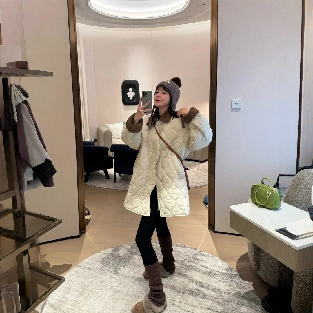 韩版复古菱形格棉服外套秋冬季2025新款宽松棉袄翻领撞色百搭棉衣