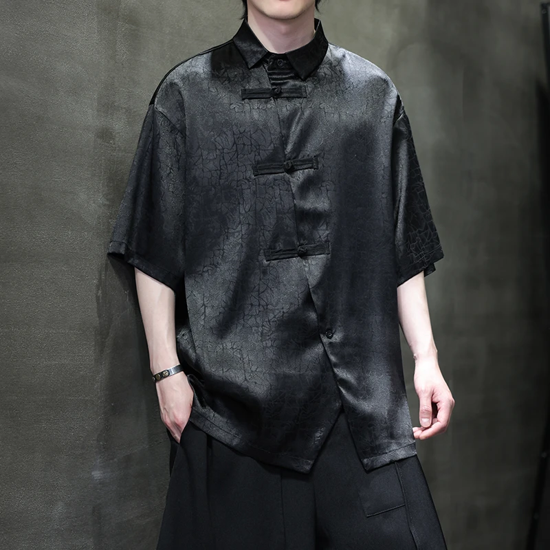 山本风不规则提花衬衫男新中式国风盘扣斜襟冰丝衬衣宽松短袖汉服