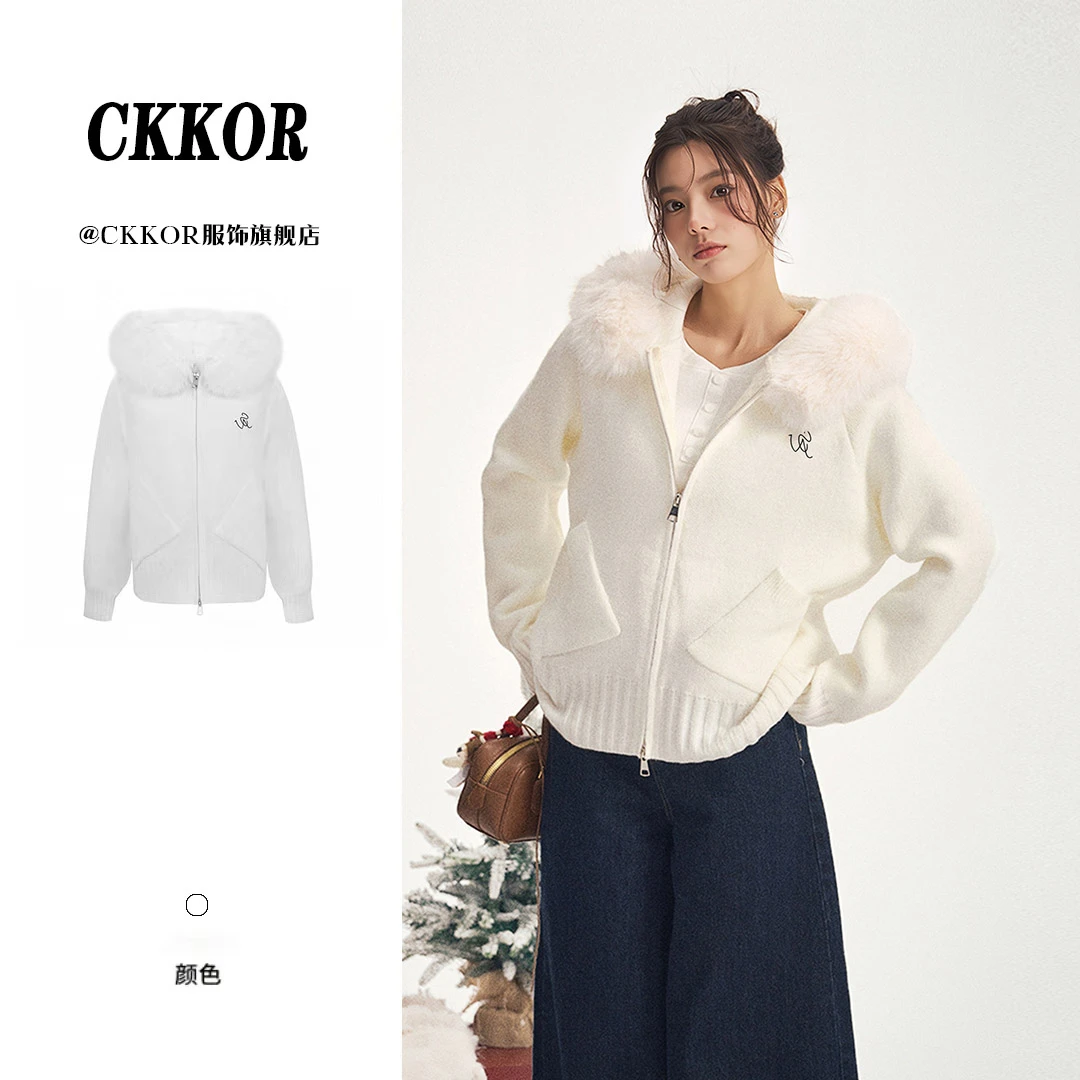 CKKOR毛领连帽毛衣外套女韩系慵懒风松弛感秋冬新款毛针织衫卫衣