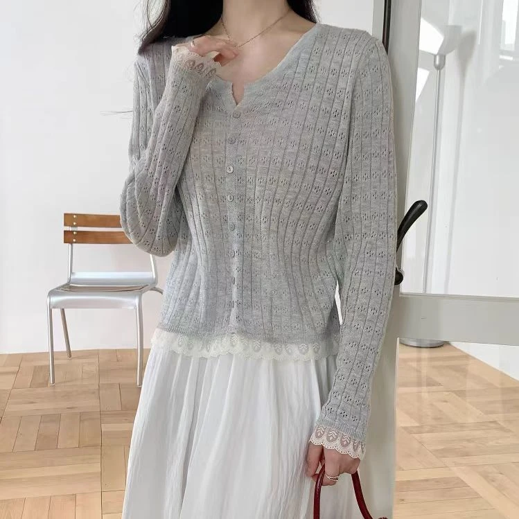 2025夏季新款韩系温柔百搭镂空防晒空调开衫蕾丝拼接