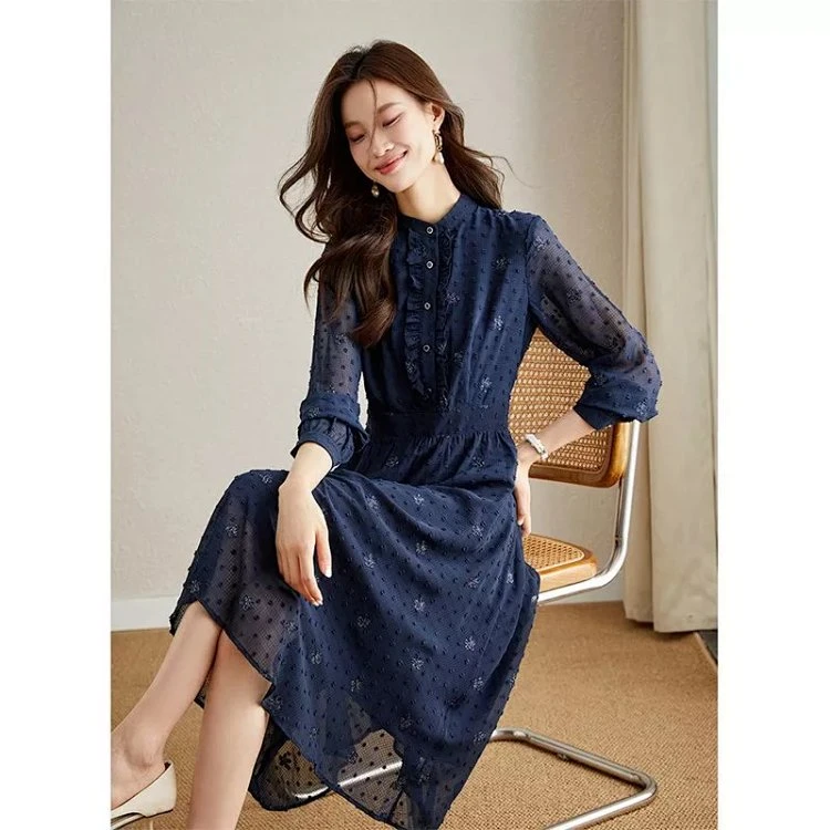 *梵希蔓法式雪纺绣花连衣裙中长款立领V8661偏小建议拍大一码