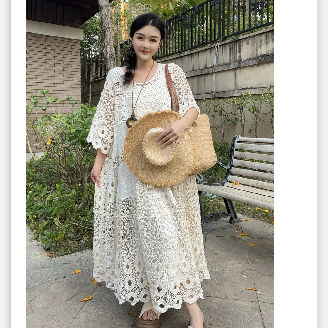 波西米亚风夏季棉麻镂空刺绣大摆裙显瘦长款连衣裙#1698