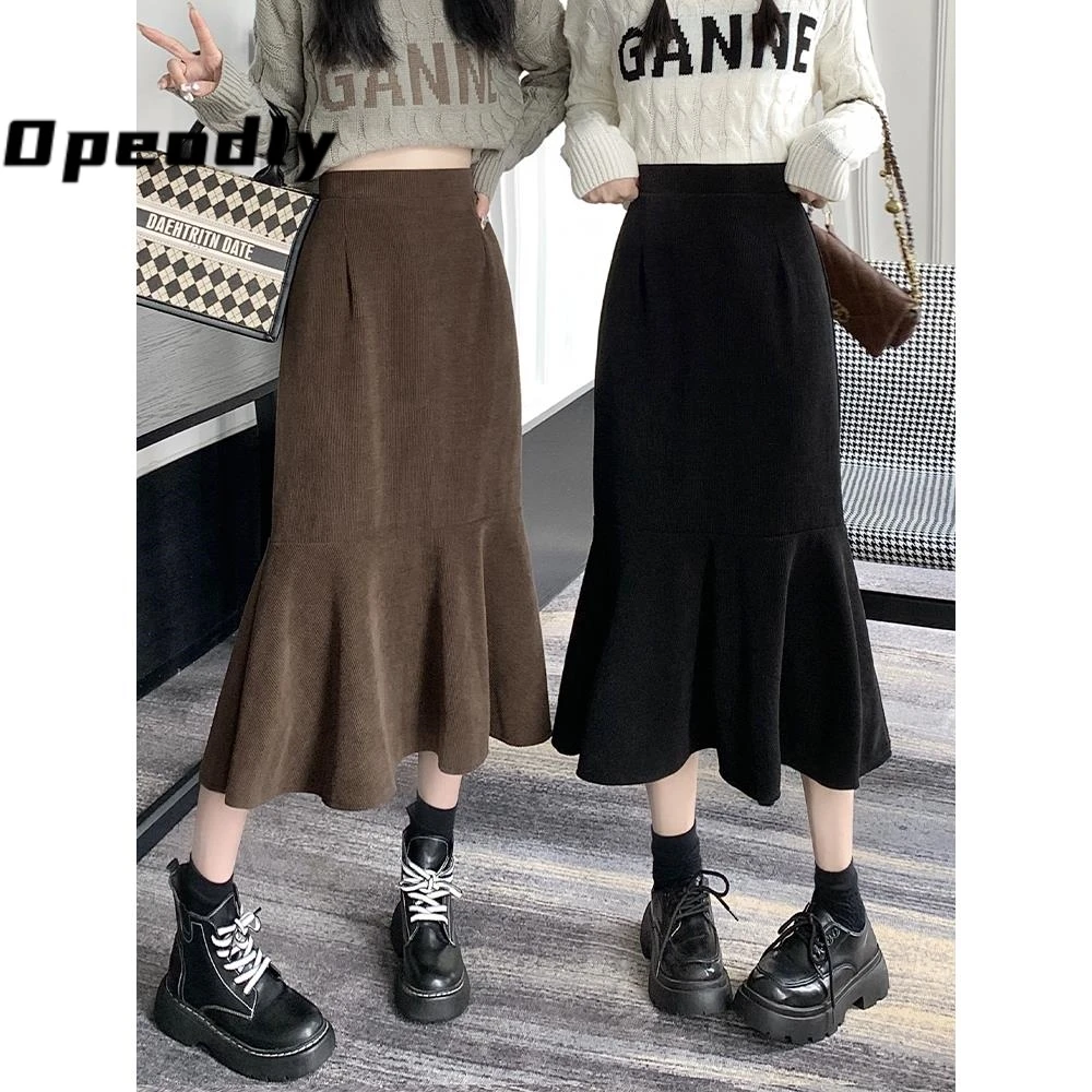 Opeodly黑色鱼尾裙女秋冬高腰包臀裙中长款A字裙半身裙半裙长裙