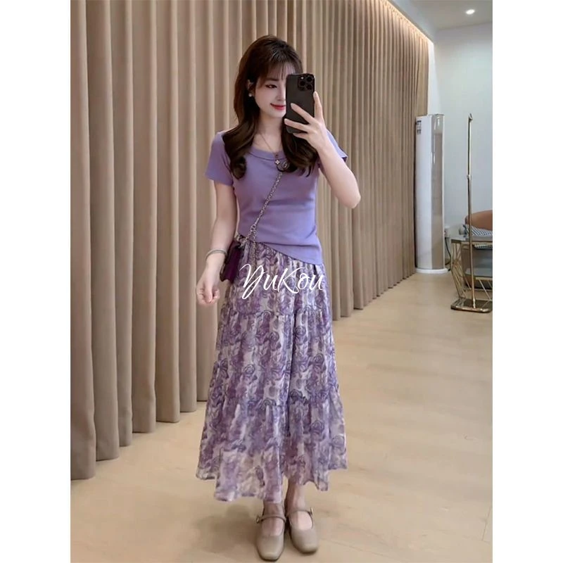 夏季爆款高级感洋气圆领短袖上衣女轻奢气质减龄碎花半身裙两件套