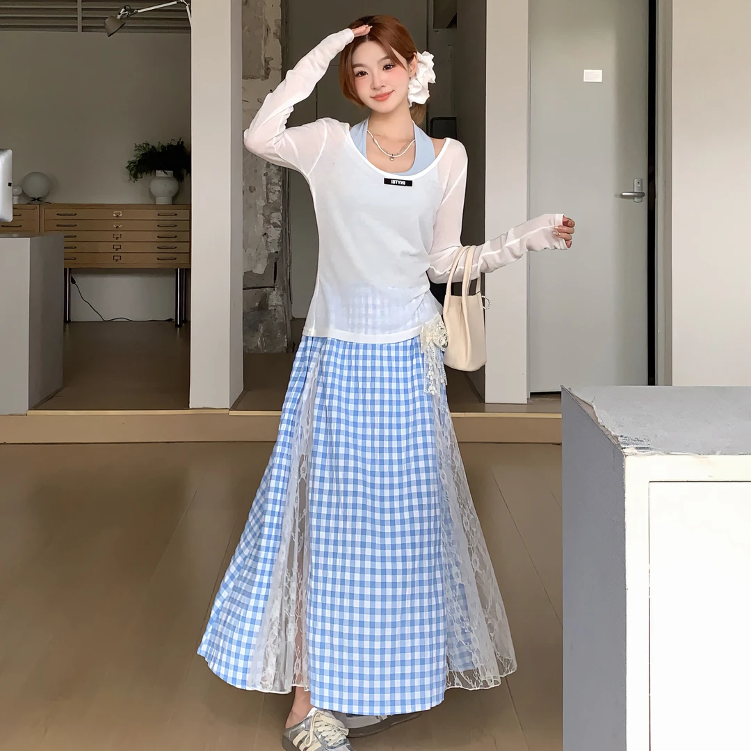 ISTYNI官方店圆领T恤蕾丝格子长裙三件套女甜美减龄时尚套装新款