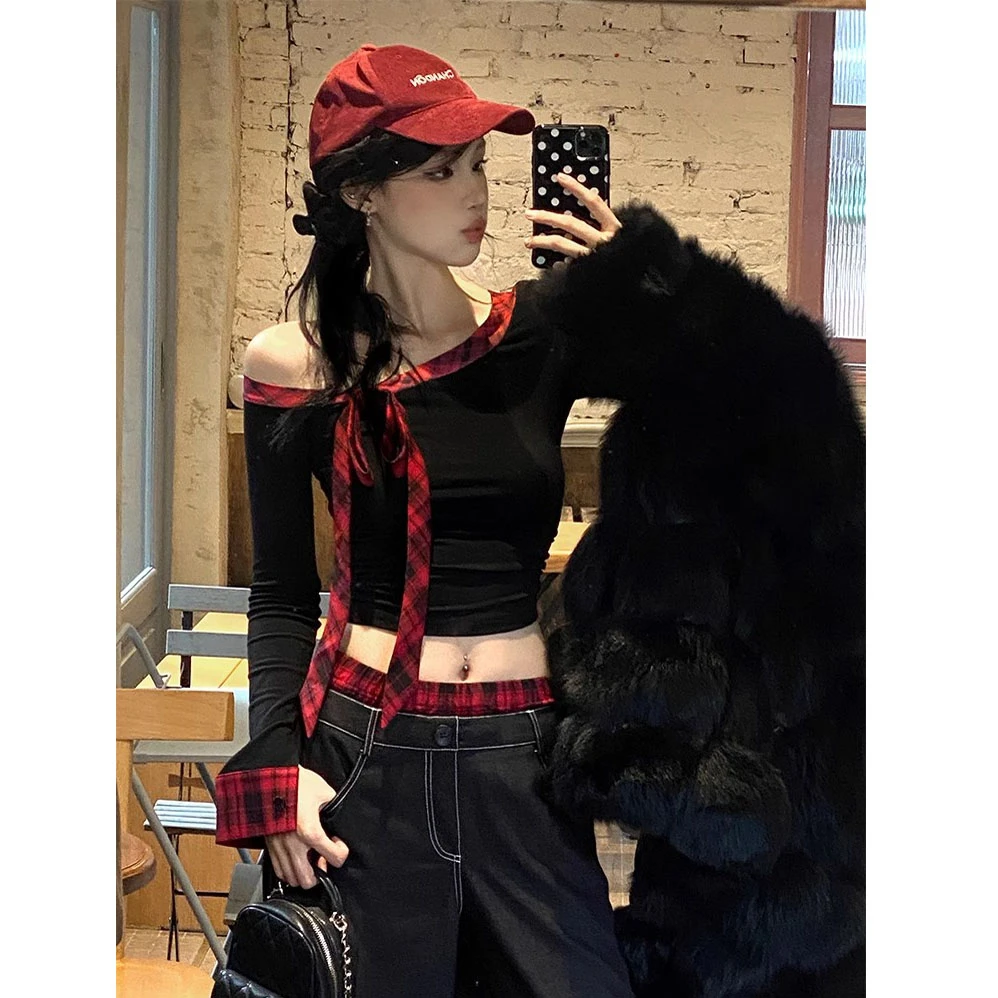 辣妹蝴蝶结斜肩一字肩内搭长袖T恤女秋季小众修身显瘦露肩上衣潮