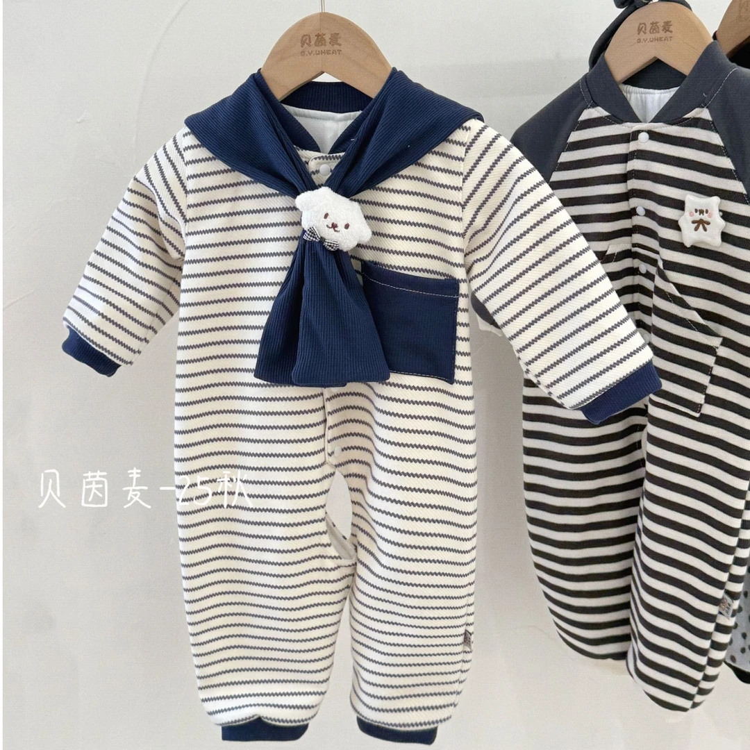B.Y.WHEAT/贝茵麦秋季双层男宝休闲条纹连体哈衣薄款外出婴儿爬服