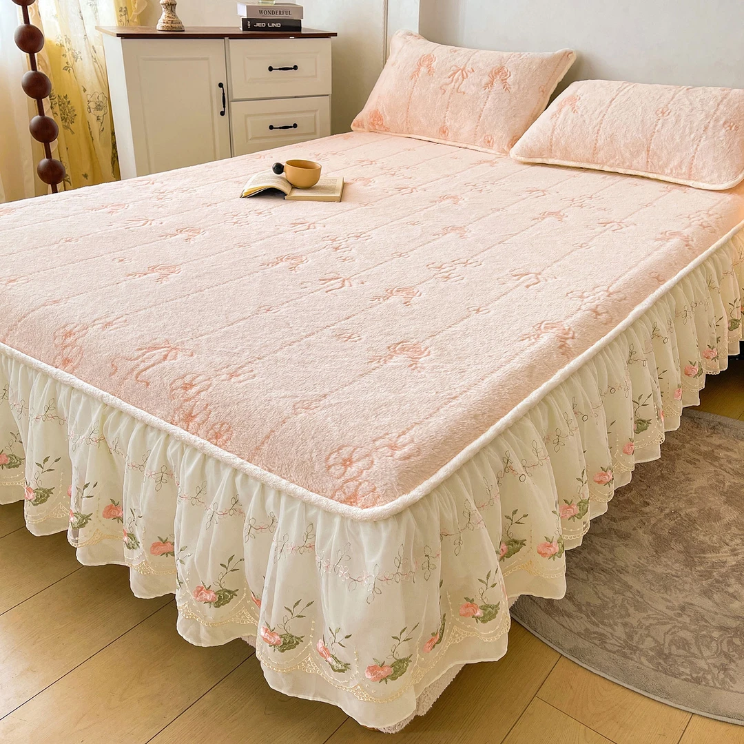 法式加厚雕花兔毛绒花边床笠冬天牛奶绒床套加绒保暖床裙款保护罩