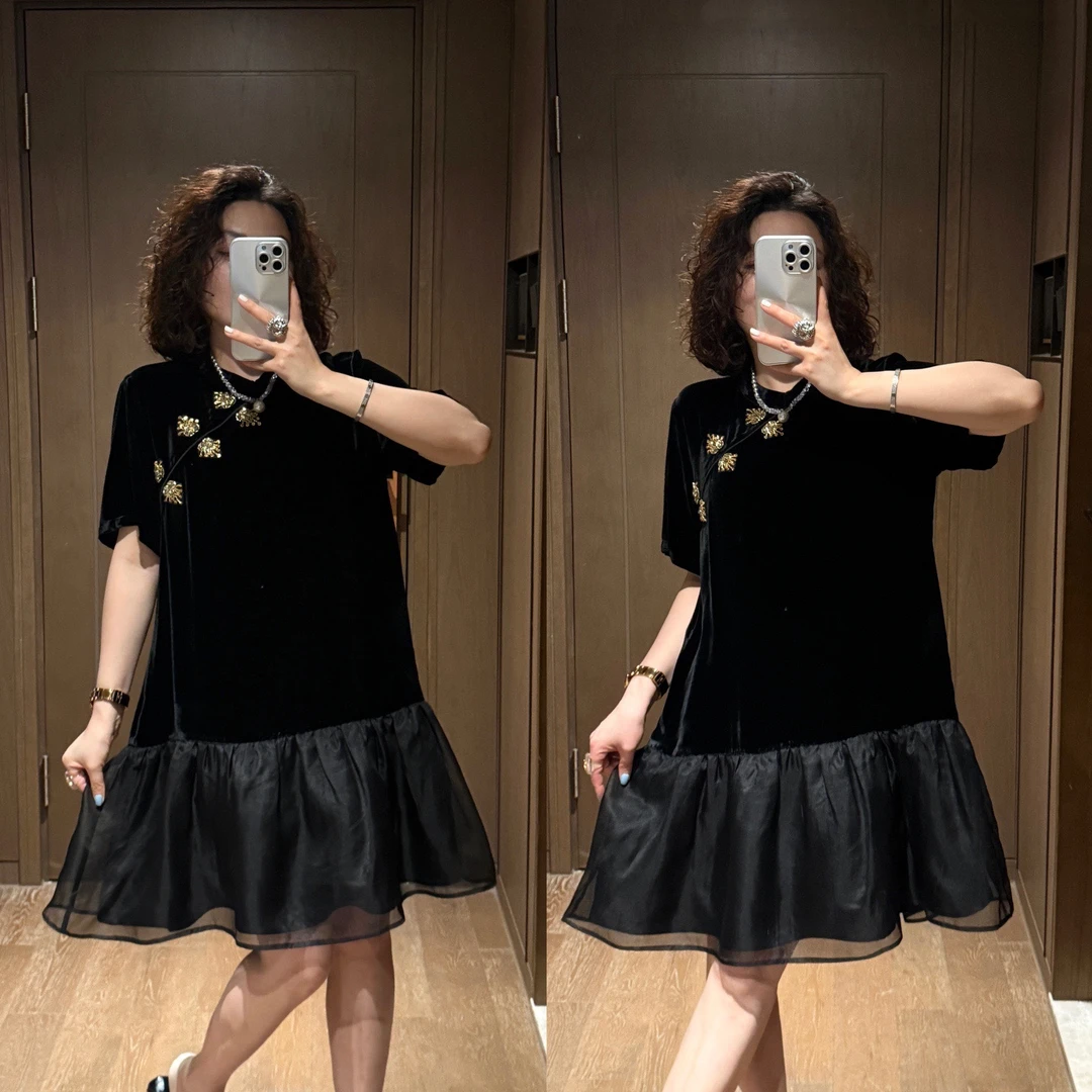 YDFSTUDIO小众【法式鎏光】欧货高品重工网纱拼接丝绒设计连衣裙