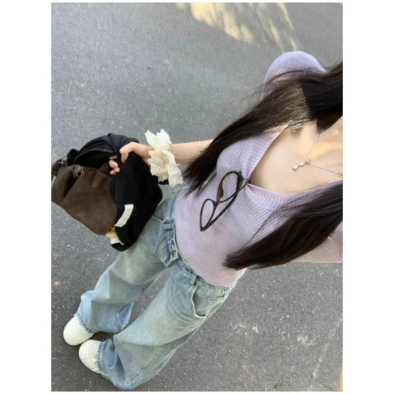 韩系温柔风u领针织短袖t恤女夏季甜辣妹气质修身显瘦短款漂亮上衣