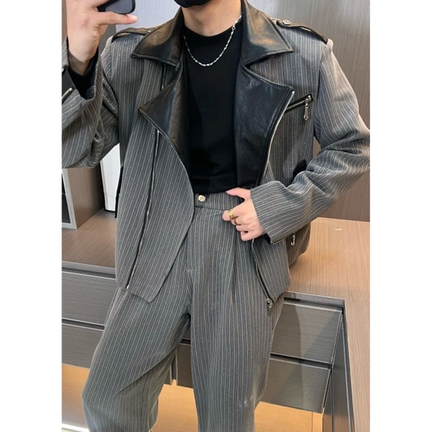 套装248080男士春季高品质定制竖条纹拼皮翻领夹克套装