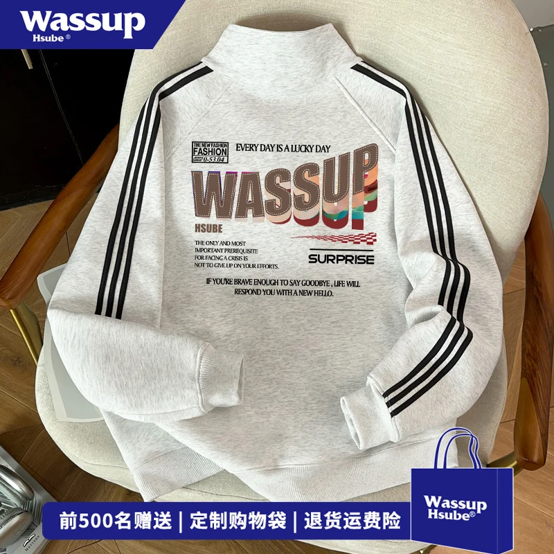 WASSUP HSUBE潮酷小众字母印花开衫卫衣男女秋冬美式百搭立领外套