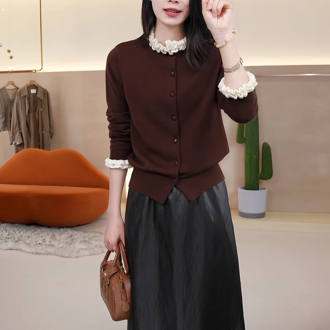 2025时尚新款气质设计感花边袖木耳边洋气长袖毛针织衫H8-52