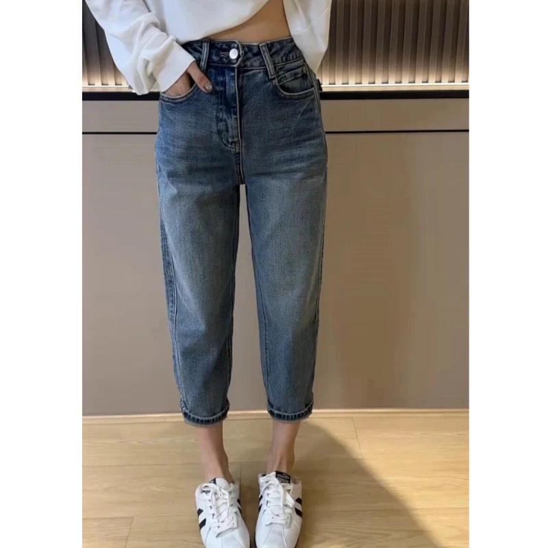 2025年夏季新款大码弹力哈伦牛仔裤女小个子穿搭显瘦九分老爹裤女