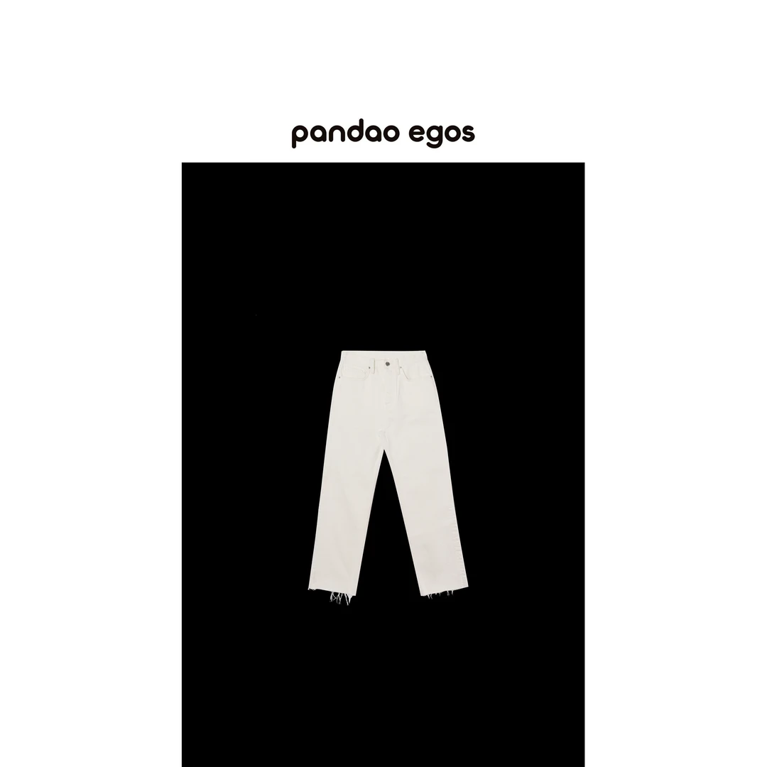 【PANDAO EGOS】白色毛边牛仔直筒裤