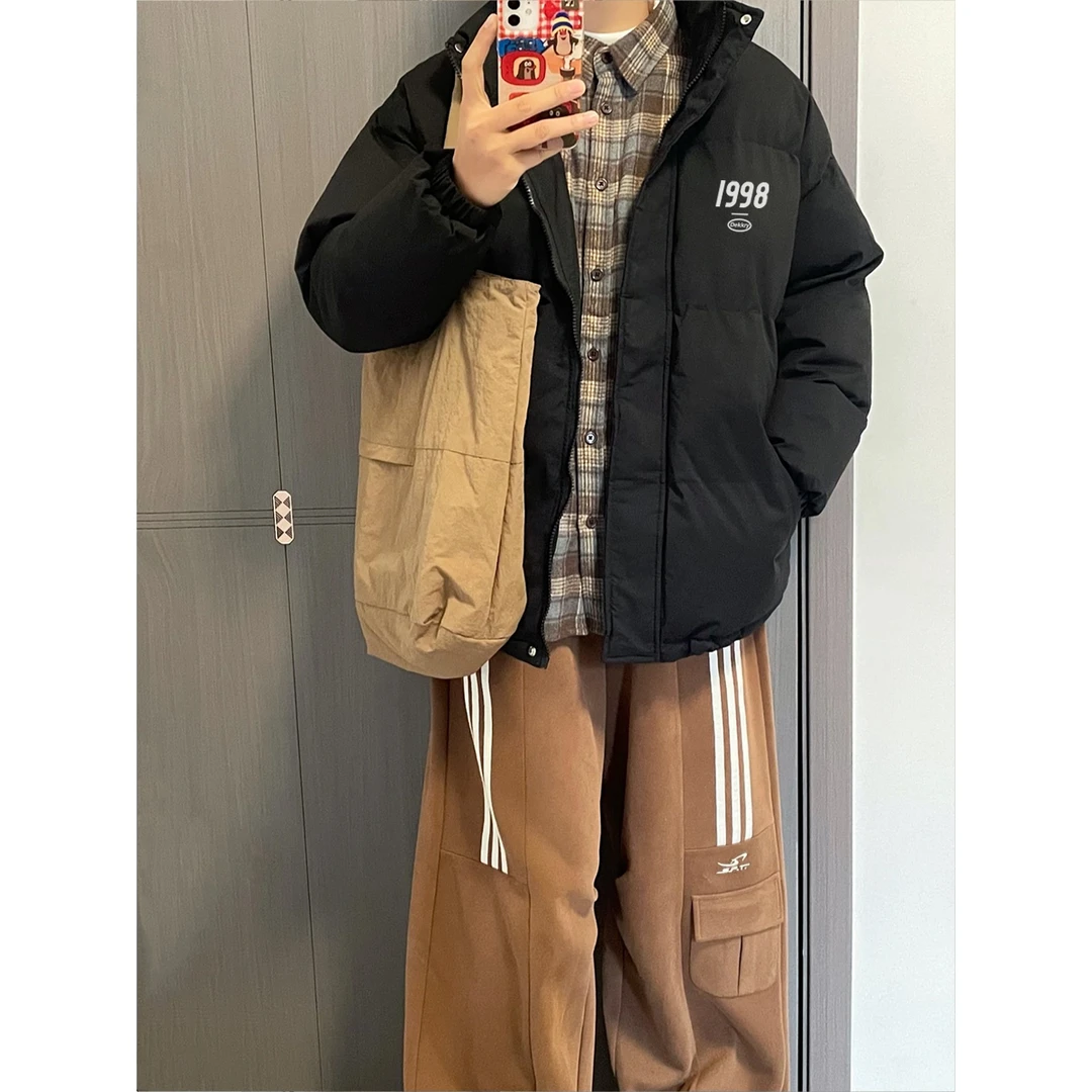 美式潮牌复古数字印花立领棉服男冬季宽松百搭情侣款保暖面包服女