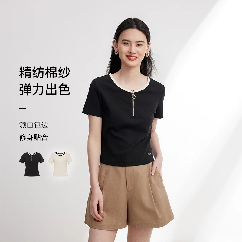 EP雅莹女装 棉质百搭显瘦简约短款针织衫上衣 春装新款5340A