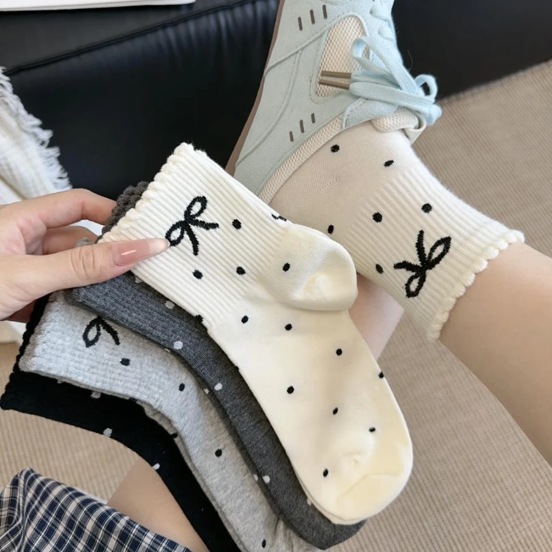 秋冬季花边蝴蝶结中筒袜女日系ins潮学生圆点纯色透气长筒棉袜