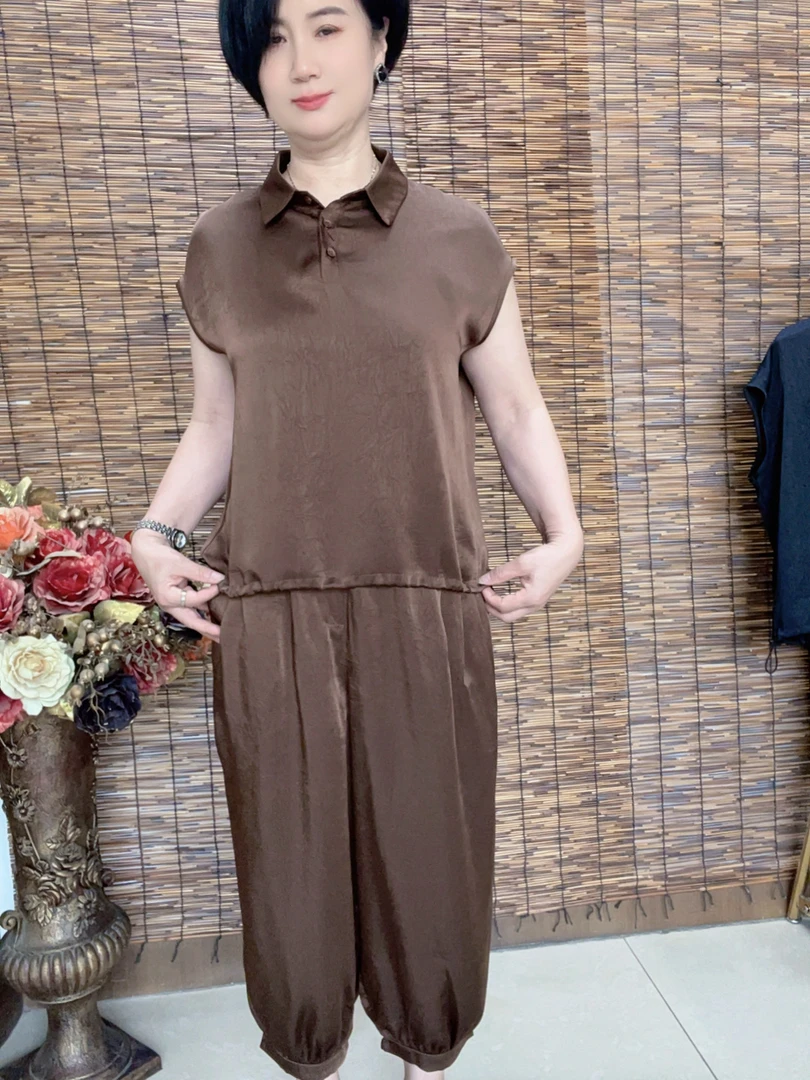 2025年夏季新款时尚洋气减龄纯色翻领半袖套装