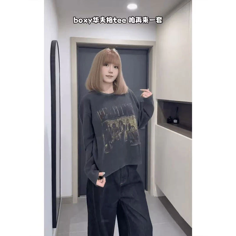 齐柏林人像印花长袖t恤男款秋季boxy短宽版型水洗做旧华夫格卫衣