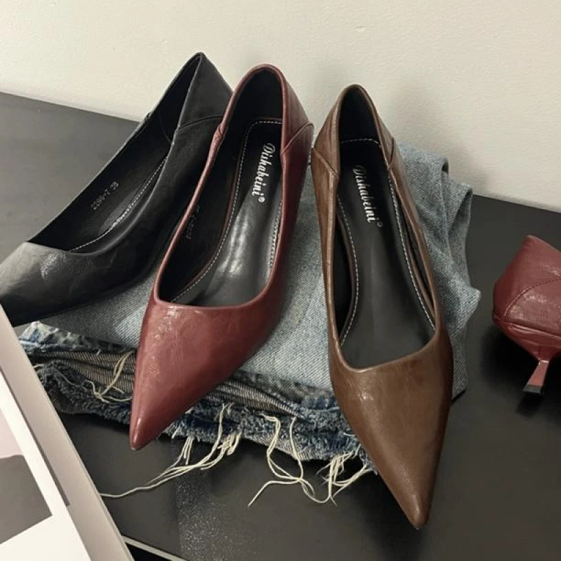 2024秋季新款通勤工作鞋安可拉红百搭尖头细跟中跟单鞋浅口跟鞋女