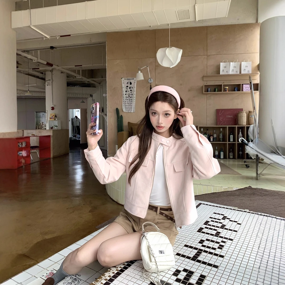 实拍 美式复古圆领麂皮夹克外套女2025年秋冬韩系宽松休闲短款上