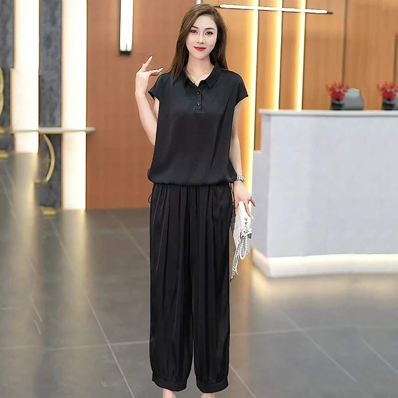 夏季耸肩袖中老年女装雪纺衫休闲小衫时尚洋气阔腿裤2025纽扣套装