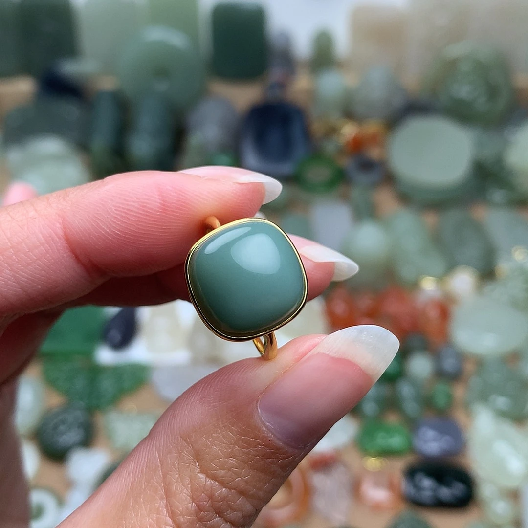 和田玉戒指银S925镀金镶嵌蓉*宝