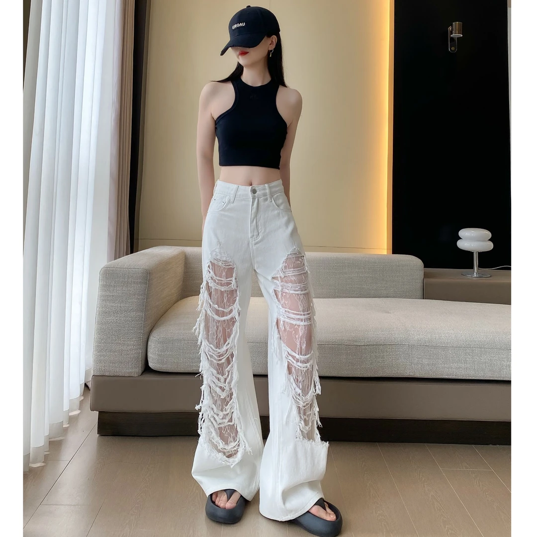 蕾丝破洞裤休闲时尚白色显瘦小众高腰辣妹阔腿牛仔裤十二月9355
