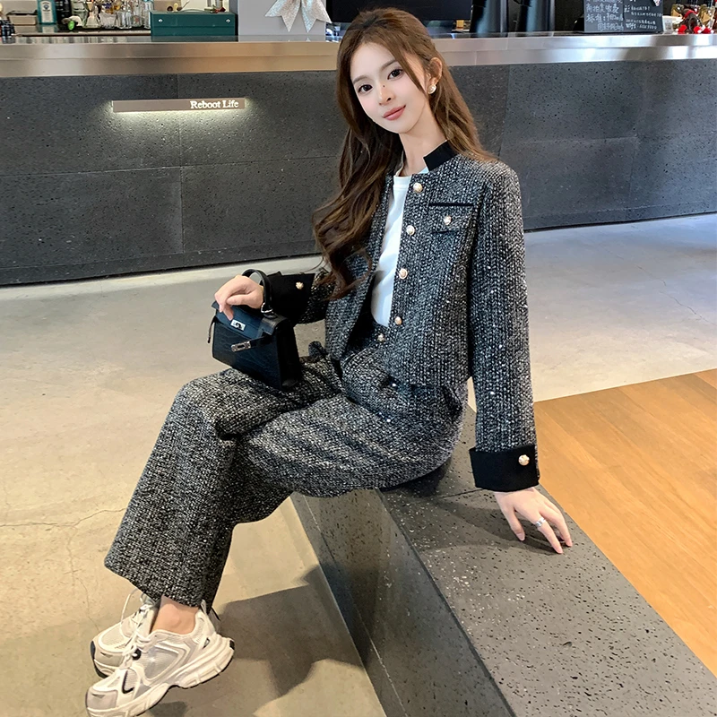 高端轻奢时尚套装女2025春季法式小香风短款外套上衣阔腿裤两件套