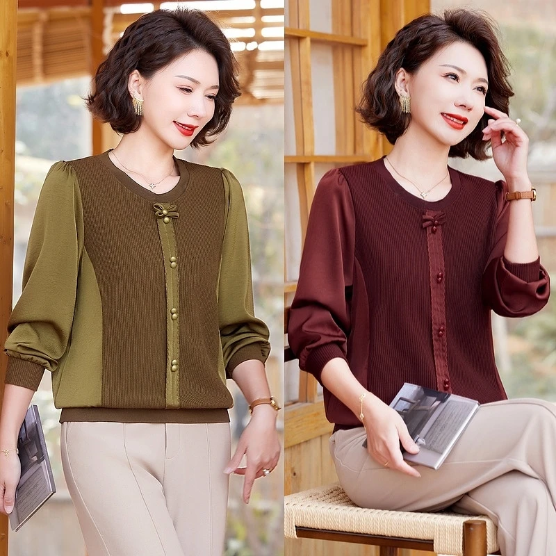 妈妈春装新款时尚洋气长袖T恤2025中老年女装春秋针织打底上衣服