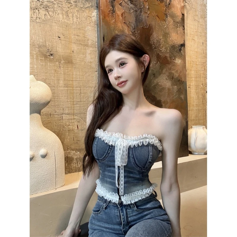 蕾丝边牛仔吊带背心女早夏泰式辣妹性感一字肩抹胸小上衣外穿裹胸