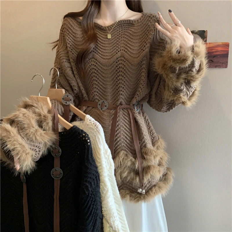 设计感镂空毛绒长袖毛衣女秋冬大码微胖mm减龄腰带收腰针织衫上衣