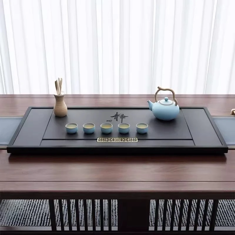 【静心】新中式茶盘整块乌金石茶托盘茶具干湿分离家用办公直排下水