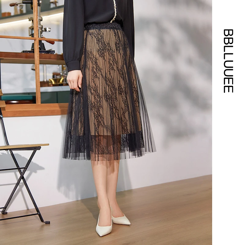 【雅然严选】粉蓝衣橱东方诗艺蕾丝压褶设计半裙女5A1Q927