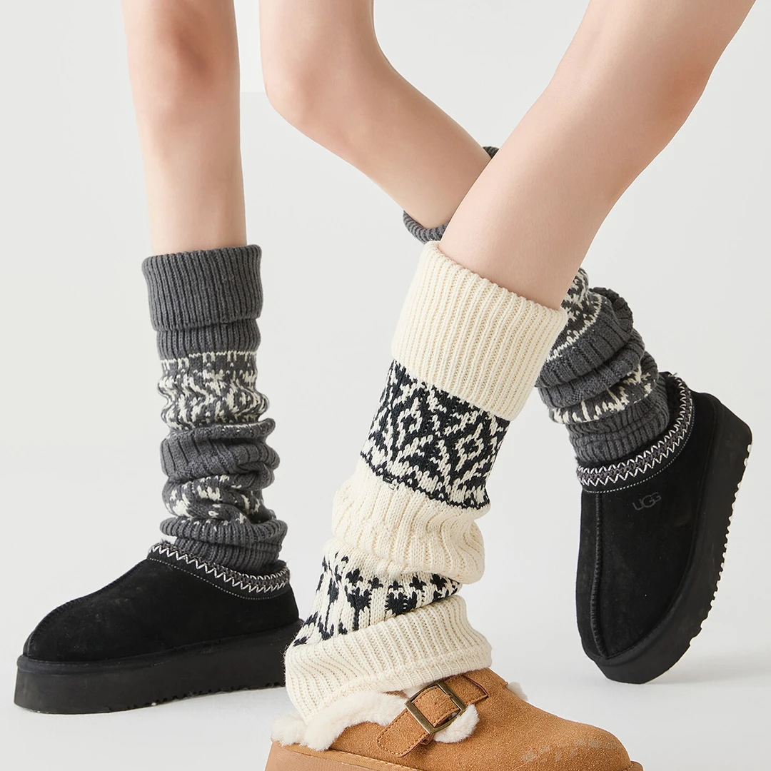 灰色费尔岛袜套女秋冬季加厚保暖长筒袜羊毛雪地靴复古堆堆小腿套