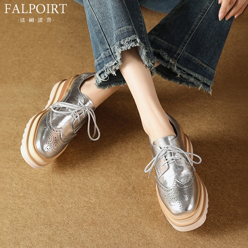 FALPOIRT真皮厚底松糕鞋女高级感洋气百搭坡跟单鞋圆头系带小皮鞋