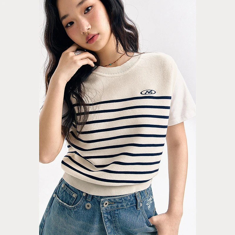 NO ONE ELSE美式复古女装夏季字母条纹圆领短袖毛衣假两件针织衫