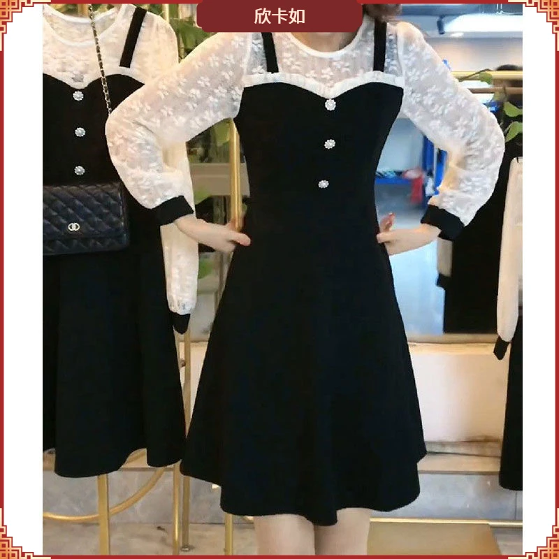 I假两件连衣裙女2025春季新款收腰显瘦气质小黑裙时尚拼接打底I