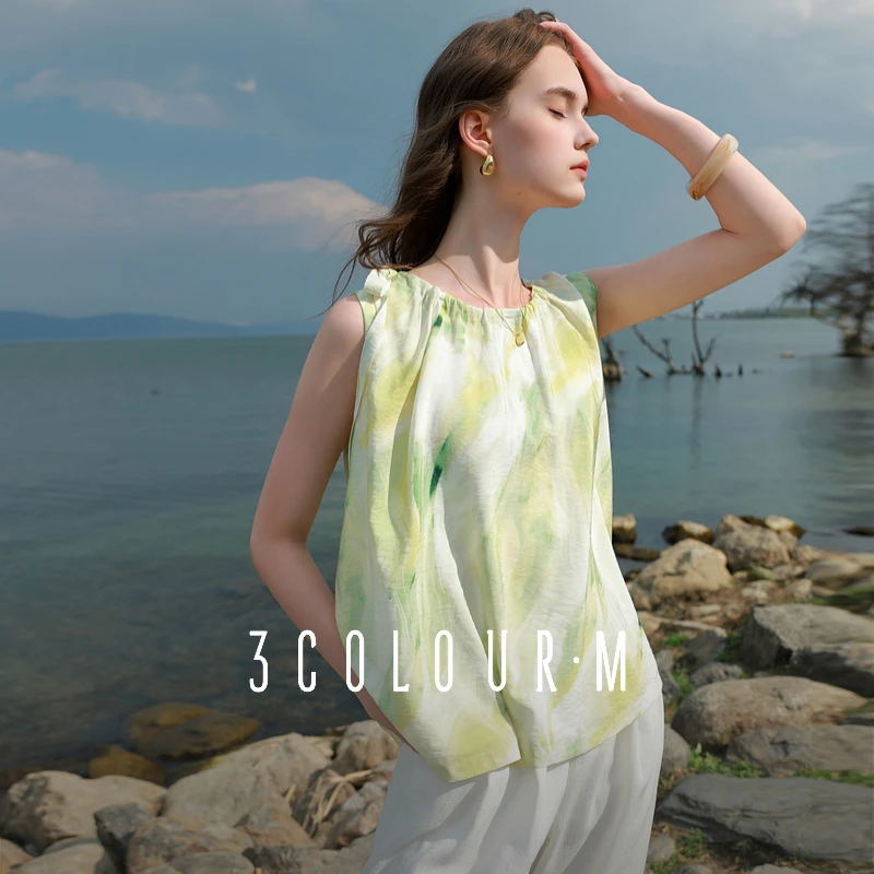 三彩2025夏季新款宽松无袖晕染印花衬衣挂脖式圆领小衫衬衫女M