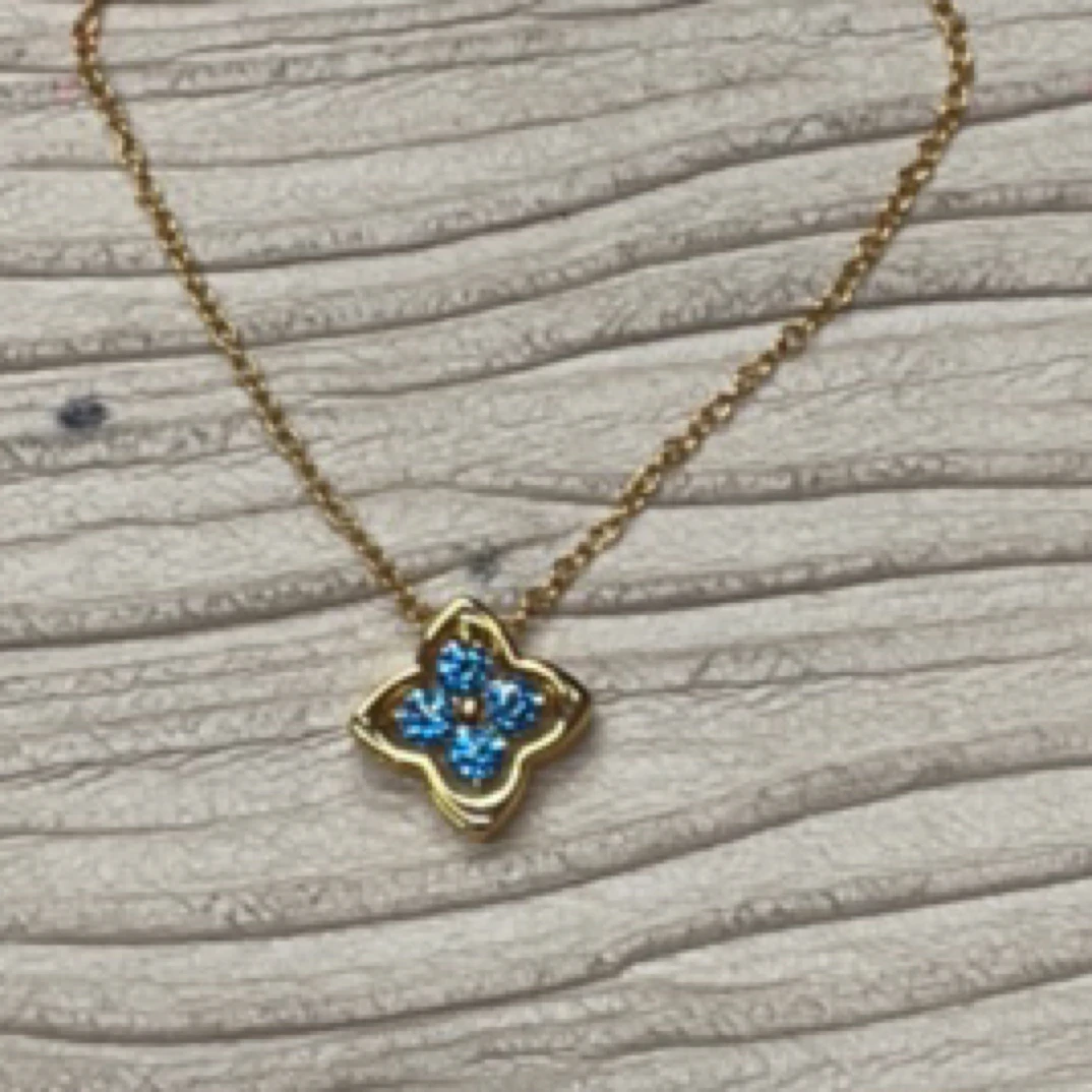 铜合金项链 21213 蓝石镂空尖花项链 金色底