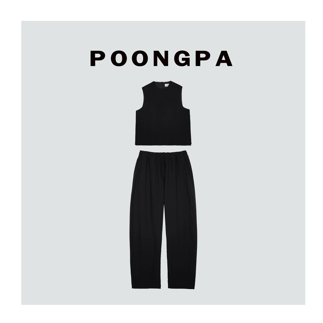 POONGPA/“利落随性”极简高级休闲马甲套装/小众设计中大码显瘦