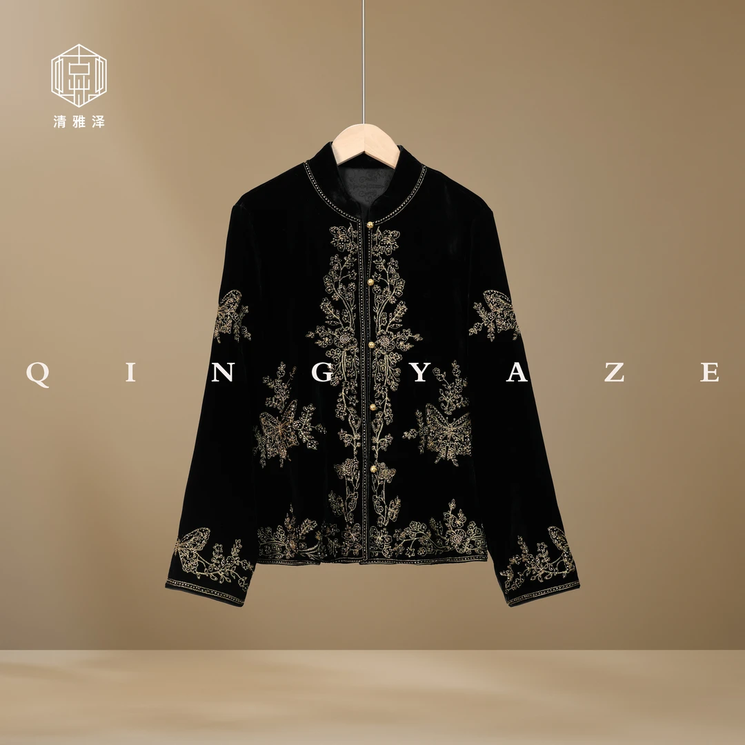 钉珠黑金蝴蝶！全定位刺绣钉珠真丝丝绒新中式上衣！GZ4819