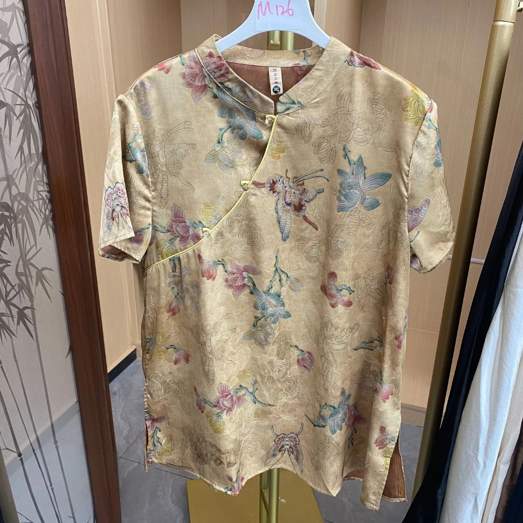 M126金色蝴蝶印花立领短袖中长款复古风新中式茶服上衣宽松显瘦