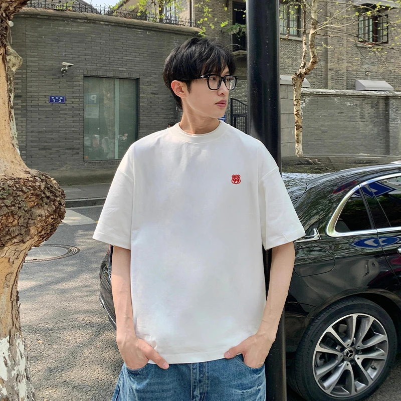 vintage复古简约风高级感白色短袖t恤男夏季百搭纯棉重磅半袖上衣