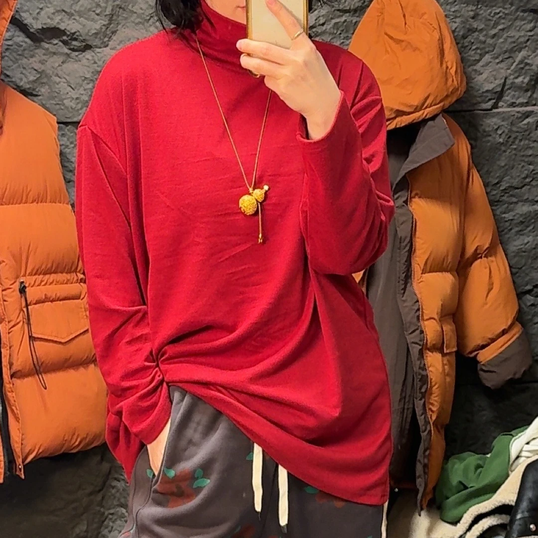 323原创设计男女同款软糯堆堆领中长款慵懒风高领纯色打底衫