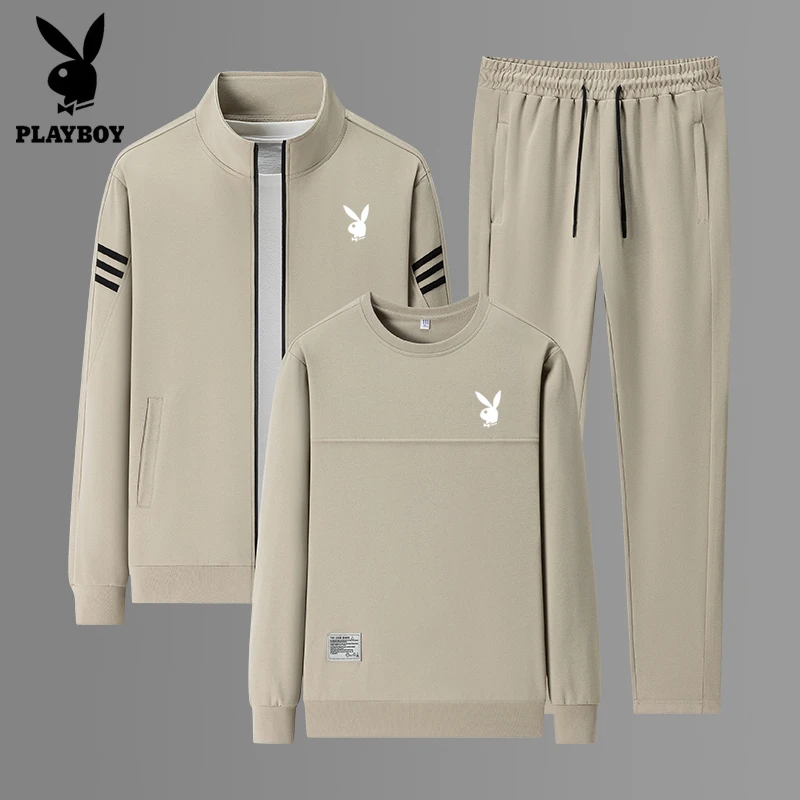 花花公子休闲套装男士运动服春秋季薄款大码两件套男装卫衣三件套